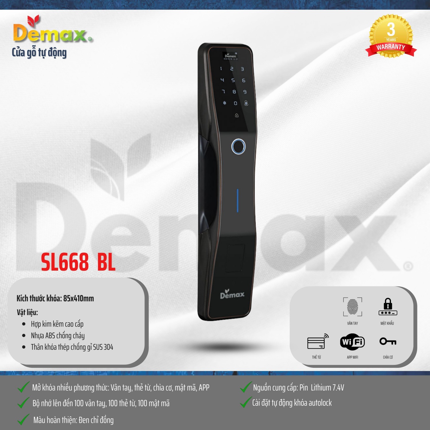 Khóa thông minh Demax SL668 BL - APP WIFI
